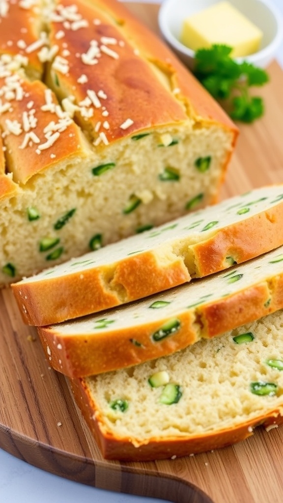 Garlic Butter Zucchini Bread Recipe Sliced garlic butter zucchini bread on a cutting board with garlic butter and parsley.